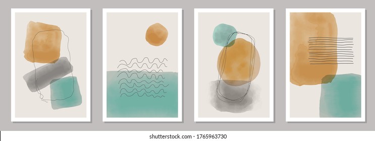 Trendy set of abstract creative minimal artistic hand painted compositions ideal for wall decoration, as postcard or brochure design, vector illustration