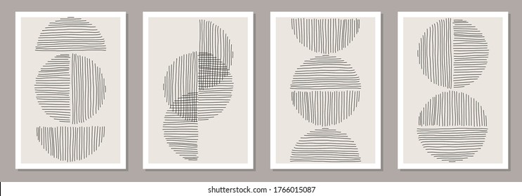 Trendy Set von abstrakten, kreativen minimalen künstlerischen, handskizzierten Kompositionen, ideal für die Wanddekoration, wie Postkarte oder Broschüren Design, Vektorgrafik