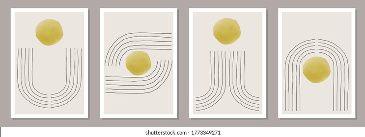Trendy set of abstract creative minimal artistic hand painted compositions ideal for wall decoration, as postcard or brochure design, vector illustration