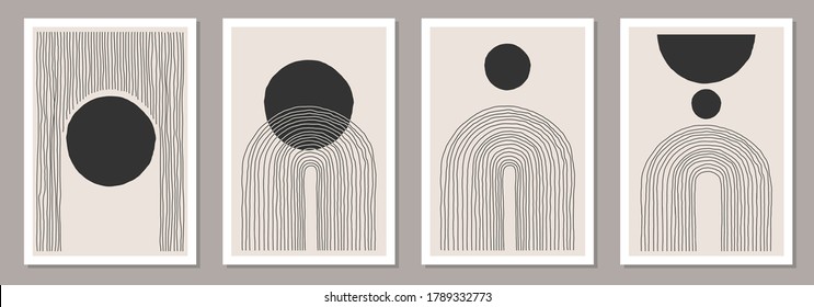 Trendy Set von abstrakten, kreativen minimalen künstlerischen, handskizzierten Kompositionen, ideal für die Wanddekoration, wie Postkarte oder Broschüren Design, Vektorgrafik