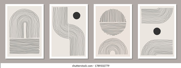 Trendy Set von abstrakten, kreativen minimalen künstlerischen, handskizzierten Kompositionen, ideal für die Wanddekoration, wie Postkarte oder Broschüren Design, Vektorgrafik