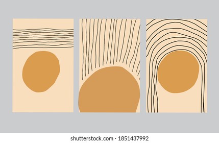 Trendy set of abstract creative minimal artistic hand painted compositions ideal for wall decoration, as postcard or brochure design, vector illustration