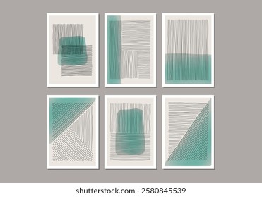 Trendy set of abstract creative minimal artistic hand painted compositions ideal for wall decoration, as postcard or brochure design, vector illustration