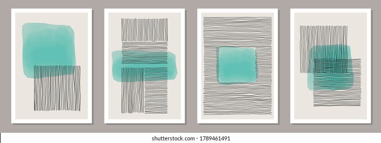 Trendy set of abstract creative minimalist artistic hand painted compositions ideal for wall decoration, as poster or brochure design, vector illustration
