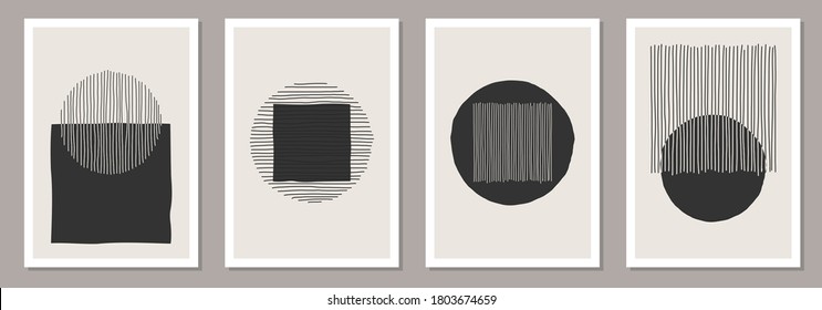 Trendy set of abstract creative minimalist artistic hand drawn compositions ideal for wall decoration, as postcard or brochure design, vector illustration