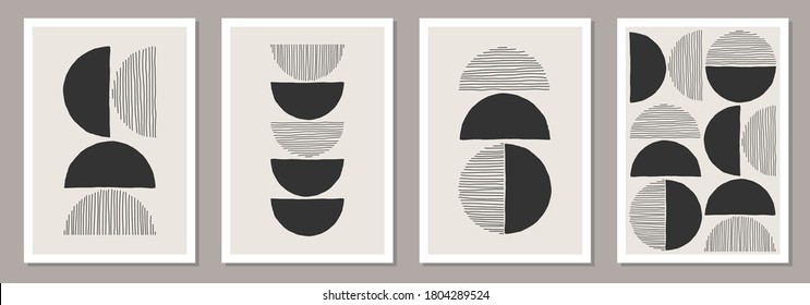 Trendy set of abstract creative minimalist artistic hand drawn compositions ideal for wall decoration, as postcard or brochure design, vector illustration