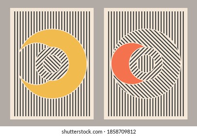 Trendy set of abstract creative minimalist artistic compositions of eclipse and moon ideal for wall decoration, as postcard or brochure design, vector illustration.