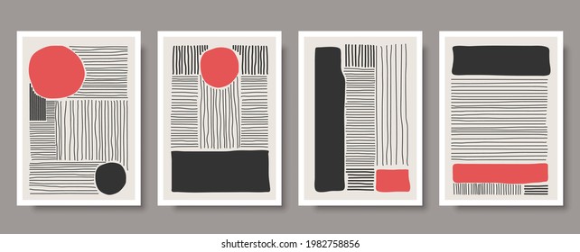 Trendy set of abstract creative minimalist artistic hand drawn composition ideal for wall decoration, as postcard or brochure design, vector illustration. Geometric wall art print set and decoration