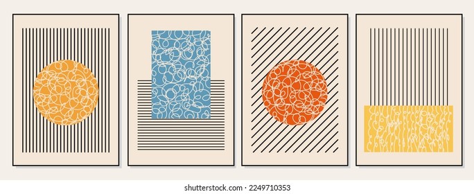 Trendy Set von abstrakten kreativen minimalistischen künstlerischen handbemalten Komposition ideal für die Wanddekoration, als Postkarte oder Broschüre Design, Vektorgrafik. Zeitgenössische Poster aus der Mitte des Jahrhunderts mit geometrischen Formen