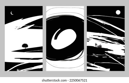 Trendy set of abstract creative minimalist artistic hand painted composition ideal for wall decoration, as postcard or brochure design, vector illustration. abstract landscape with moon and tree