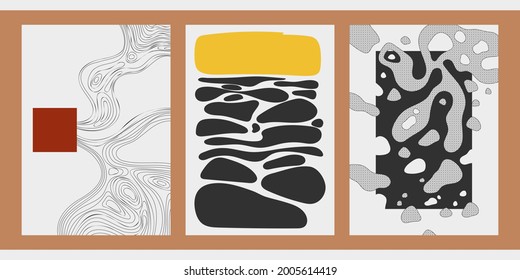A trendy set of abstract geometric and hand-drawn minimalist posters. Great decoration for walls, postcards, brochures, packaging, covers. Vector illustration in Japanese vintage style.