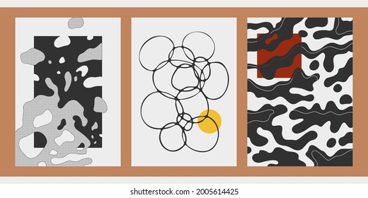 Un conjunto de afiches abstractos geométricos y minimalistas dibujados a mano. Gran decoración para paredes, postales, folletos, empaque, cubiertas. Ilustración vectorial en estilo japonés vintage.