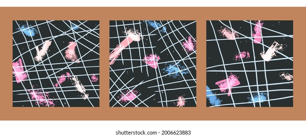 A trendy set of abstract hand drawn minimalist posters. Great decoration for walls, postcards, brochures, packaging, covers. Vector illustration in Japanese vintage style.