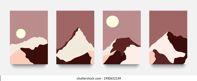 Conjunto de moda de ilustraciones abstractas de lujo con montañas y luna en tonos mudos para diseños de paredes, cubiertas y huellas.