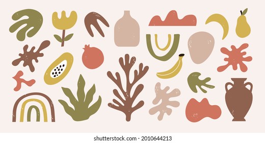 Trendy set of abstract organic shapes, objects, tropical fruits and seaweed. Contemporary hand drawn vector illustration. Matisse design