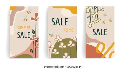 Trendy set of abstract templates with creative flowers and bees. Background template with copy space for text. Suitable for posters, social media, postcards, covers, banners, and other graphic designs