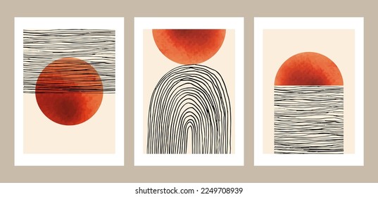 Trendy set of abstract watercolor and outline creative geometric minimalist artistic hand painted composition ideal for wall decoration, as postcard or brochure design, vector posters in vintage style