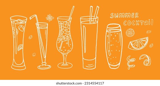 Trendy set with acoholic and non-acoholic cocktails with ice cubes, mint, fruits and text. Great for banners, bar menu design, packaging. Vector illustration Doodle style. Isolated on white background