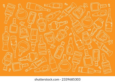 Un lugar moderno con bebidas alcohólicas en forma de doodle. Botellas con alcohol. Ideal para decoración interior, carteles de impresión, banner, diseño de menú, empaque. aislado en un fondo colorido. 