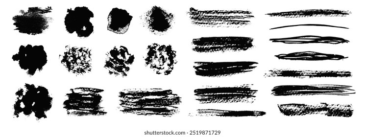 Trendy set of artistic hand painted isolated black ink textured grunge brush strokes and blobs. Abstract unique inky lines, stamps and scratches for graphic design, decoration, texture