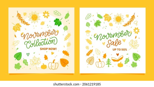 Trendy Set Autumn banners for decoration design November Collection and Sale. Fashion For Kids, Wedding Business. Frame With Flowers and Plants. Hand Drawn Lettering. Vector illustration