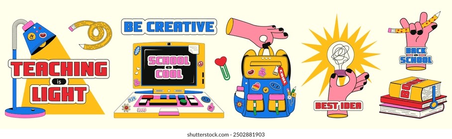 Trendy set of Back to School stickers. Vector illustration of school supplies with words and phrases.