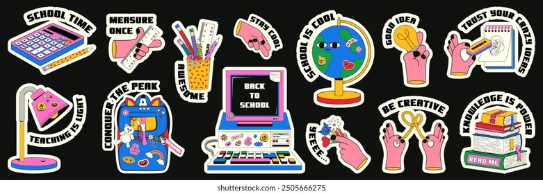 Trendy set of Back to School stickers. A vector illustration of school supplies with a border in shape, with words and phrases on the theme of learning.