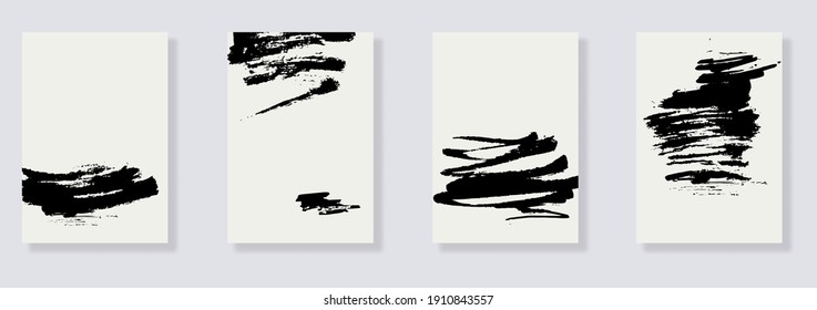 Trendy set of black ink brush stroke on white background. Japanese style. Abstract compositions minimalistic style. Vector brushes illustration for design element