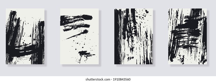 Trendy set of black ink brush stroke on white background. Japanese style. Abstract compositions minimalistic style. Vector brushes illustration for design element