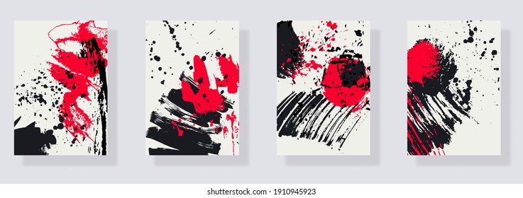 Trendy set of black red ink brush stroke on white background. Japanese style. Abstract compositions minimalistic style. Vector brushes illustration for design element