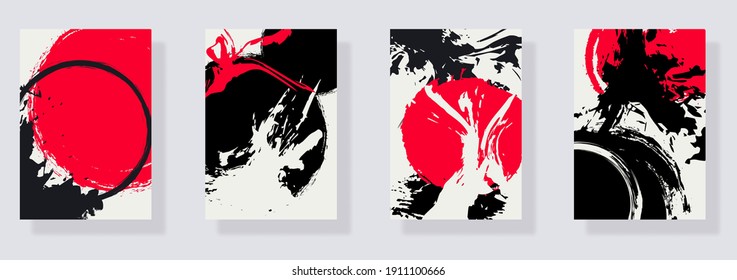 Conjunto de moda de pincel rojo negro sobre fondo blanco. Estilo japonés. Composiciones abstractas de estilo minimalista. Ilustración de pinceles vectoriales para el elemento de diseño