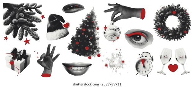 Trendy set of Christmas halftone collage. Magazine clippings mouth, Christmas tree, decoration, wine glasses, balloon, red hat. Vector retro grunge.