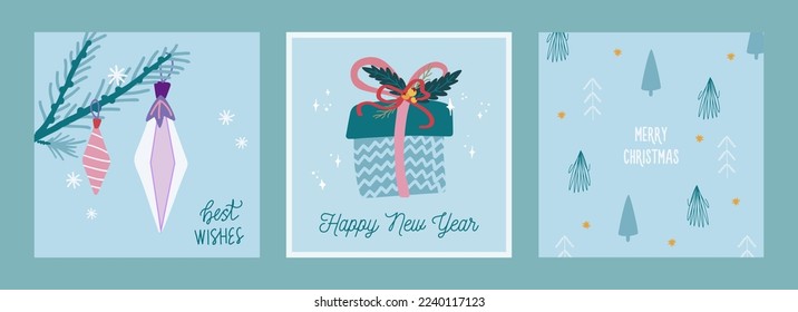 Trendy set of christmas and new year cards with hand drawn illustrations of christmas symbols