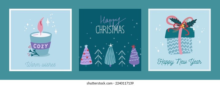 Trendy set of christmas and new year cards with hand drawn illustrations of christmas symbols