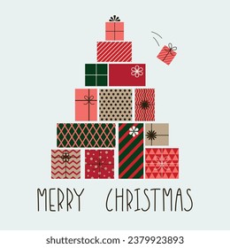 Trendy set of Christmas presents in a shape of a fur tree. Flat style and vintage colours. Hand-drawn text. New Year card