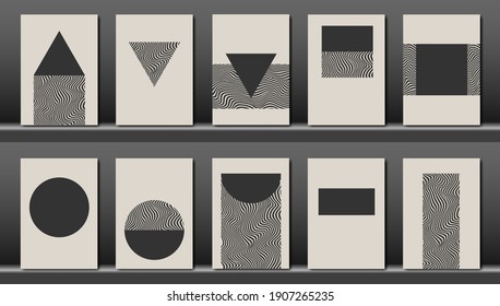 Colección de conjunto a la moda de composición artística abstracta artística minimalista, con forma geométrica ideal para la decoración de paredes, como diseño postal o de folleto, ilustración monocromática vectorial