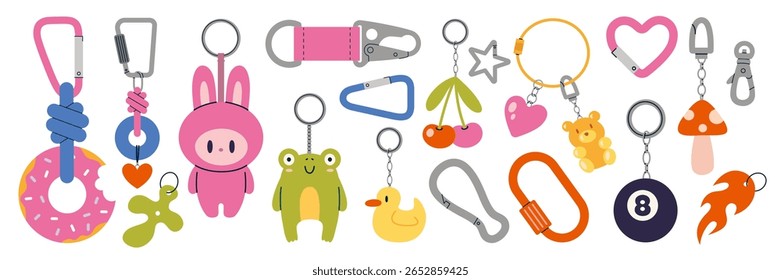 Conjunto moderno de chaveiros bonitos coloridos, brinquedos, encantos, mosqueteiro e acessórios decorativos saco. Ilustração vetorial moderna isolada sobre fundo branco, desenhado à mão, design plano