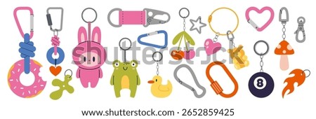 Trendy set of colorful cute keychains, toys, charms, carabiner and decorative bag accessories. Modern vector illustration isolated on white background, hand drawn, flat design