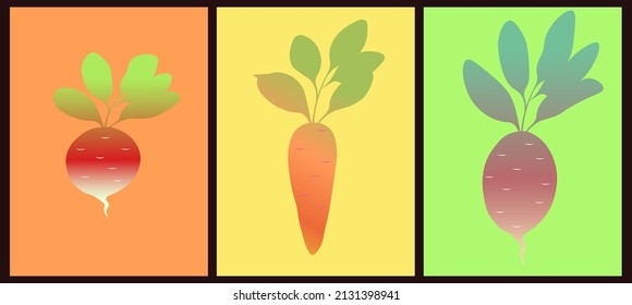 Conjunto moderno de composiciones para papel pintado, fondos, postales, banners, logotipos. Cosecha vegetariana a mano. Verduras vectoriales saludables.