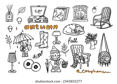 Trendy set with cozy autumn and cozy home in doodle style. Great for decoration interior, print posters, banner, greeting card, decoration, packaging. isolated on white background.