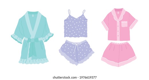 Trendy set cozy homewear. Pretty comfy pajamas, nightgown and shorts, silk robe. Vector flat illustration isolated on white background.