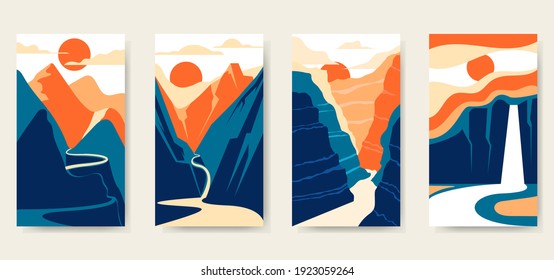 Trendy set of creative landscape mountain shape contemporary art in vintage background template