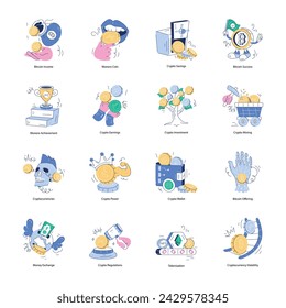 Trendy Set of Cryptocurrency Doodle Mini Illustrations

