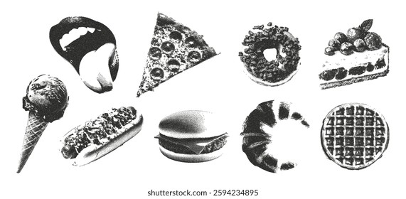 
Trendy set of cut out pizza, hamburger, ice cream, cake stickers. Collage  retro photocopy effect. Grunge grain texture. Vector.