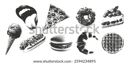 
Trendy set of cut out pizza, hamburger, ice cream, cake stickers. Collage  retro photocopy effect. Grunge grain texture. Vector.