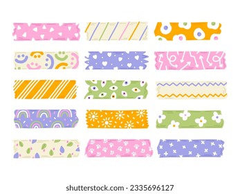 Trendy set of cute colorful washi duct tape isolated on a white background. Vector stripes and pieces of duct paper, scotch with different funny print. Bright colors