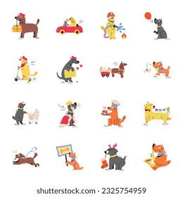 Trendy Set of Cute Dogs Flat Illustrations

