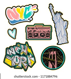 Trendy set design colorful patches sticker with new york city buildings and graffiti inscription for fashion beauty clothes accessories like t shirt bomber sweatshirt Print illustration street wear