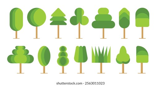 Trendy Set of different trees, bushes , grass and other natural objects. Sprites for the game. Vector flat illustration