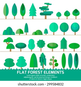 Trendy Set of different trees, bushes , grass and other natural objects. Sprites for the game. Vector flat illustration